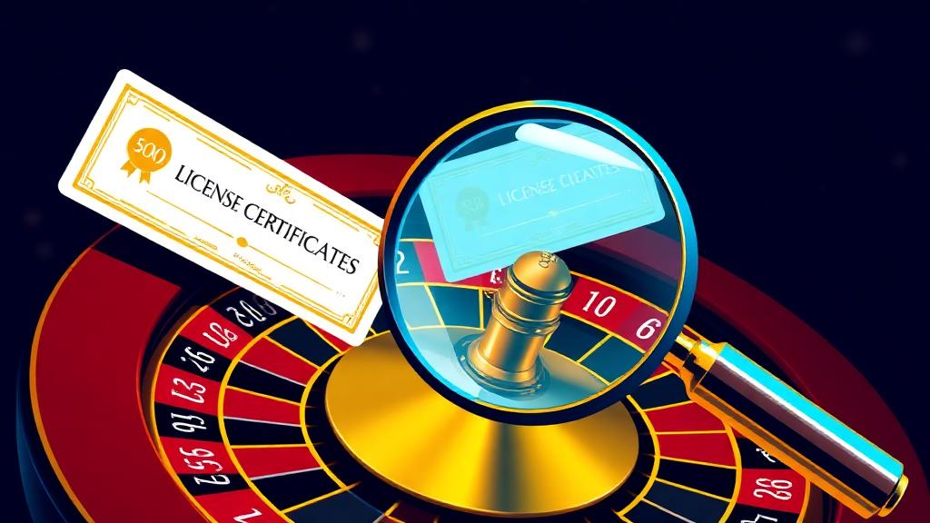 Magnifying glass examining licence certificates above a roulette wheel, representing casino licence checks for UK players