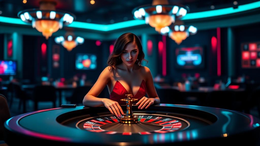 WinPlace UK live casino studio with a professional dealer at a roulette table under neon lighting