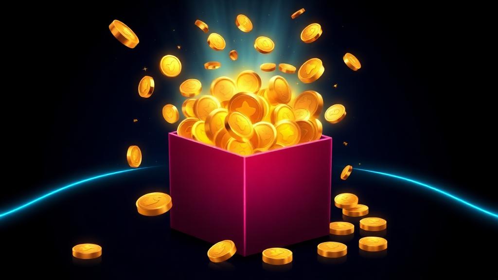 Illustration of a gift box of gold coins and free spin tokens representing WinPlace UK promotions